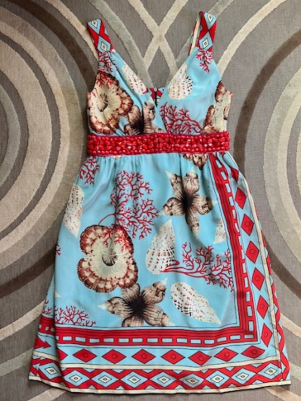 NWT Single Dress Printed 100% Silk Beaded Marine-Inspired Dress Woman's Size S